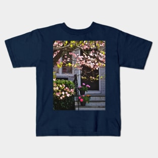 Pink Dogwood and Pots of Geraniums Kids T-Shirt